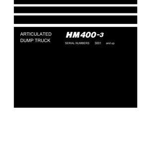 K&ouml;nnte beinhalten: Shop Manual-Cover mit Schwarz-Wei&szlig;-Design. Der Text enth&auml;lt "Shop Manual", "Articulated Dump Truck", "HM400-3" und "Serial Numbers 3001 and up". Das Komatsu-Logo befindet sich unten.