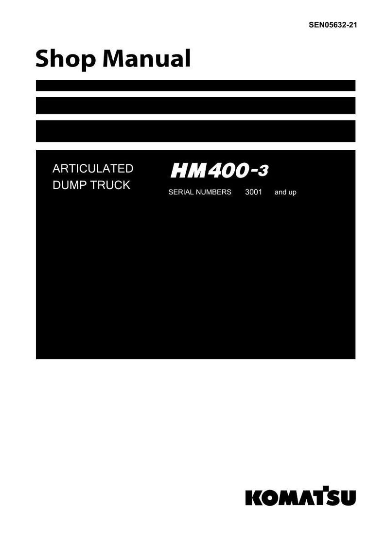 K&ouml;nnte beinhalten: Shop Manual-Cover mit Schwarz-Wei&szlig;-Design. Der Text enth&auml;lt "Shop Manual", "Articulated Dump Truck", "HM400-3" und "Serial Numbers 3001 and up". Das Komatsu-Logo befindet sich unten.