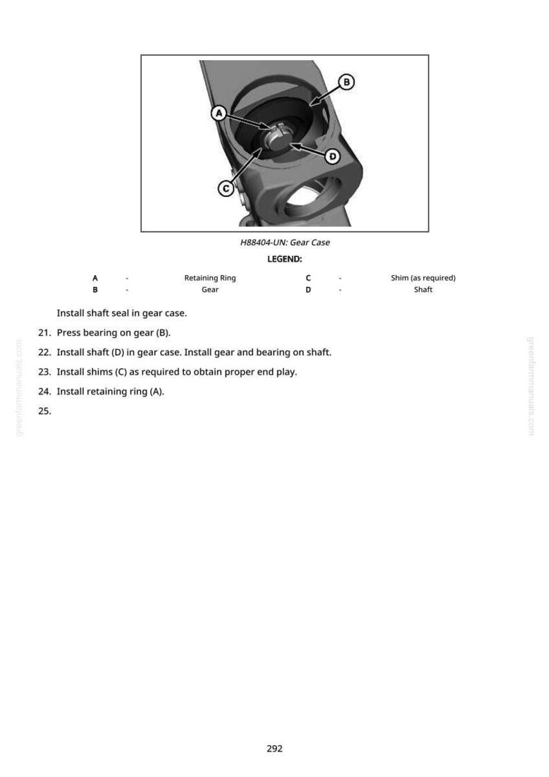 K&ouml;nnte beinhalten: Technische Zeichnung eines Getriebegeh&auml;uses mit beschrifteten Komponenten, darunter ein Sicherungsring, ein Zahnrad und eine Welle. Das Bild enth&auml;lt Montageanweisungen und den Text "H88404-UN: Gear Case".