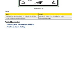 May include: A technical diagram labelled "E:160 - Grease Sensor Alarm" with a green border. It features a diagram, the text ":160", and a table detailing causes, remedies, and related information about the grease sensor.