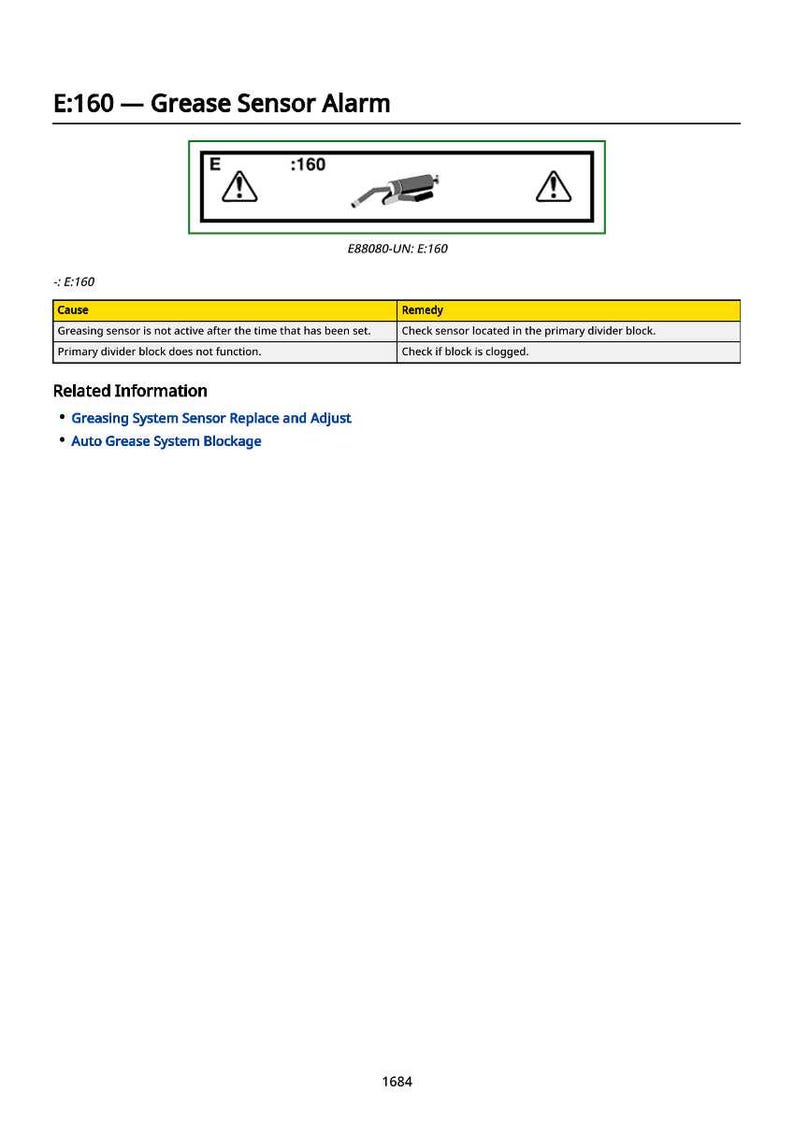 May include: A technical diagram labelled "E:160 - Grease Sensor Alarm" with a green border. It features a diagram, the text ":160", and a table detailing causes, remedies, and related information about the grease sensor.