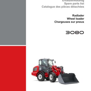 May include: A brochure featuring a red and grey wheel loader, model 3080, with the Weidemann logo. Text includes "Spare parts list" and "Wheel loader". The brochure has a red and grey colour scheme.