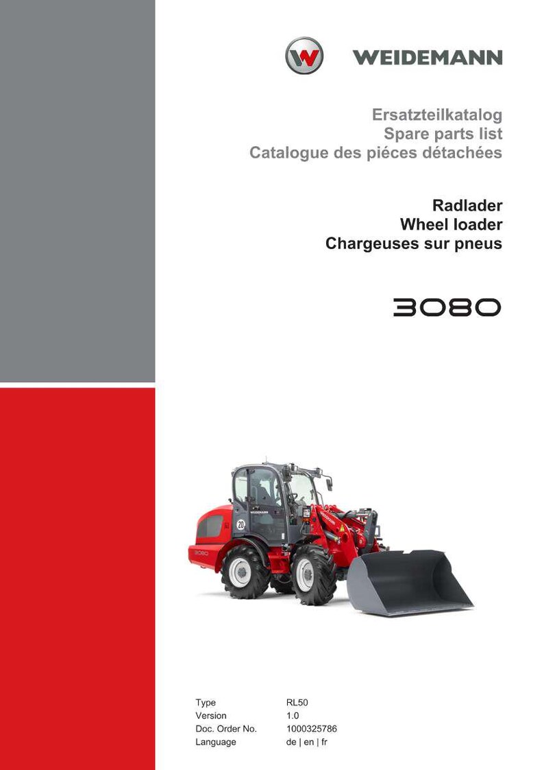 May include: A brochure featuring a red and grey wheel loader, model 3080, with the Weidemann logo. Text includes "Spare parts list" and "Wheel loader". The brochure has a red and grey colour scheme.