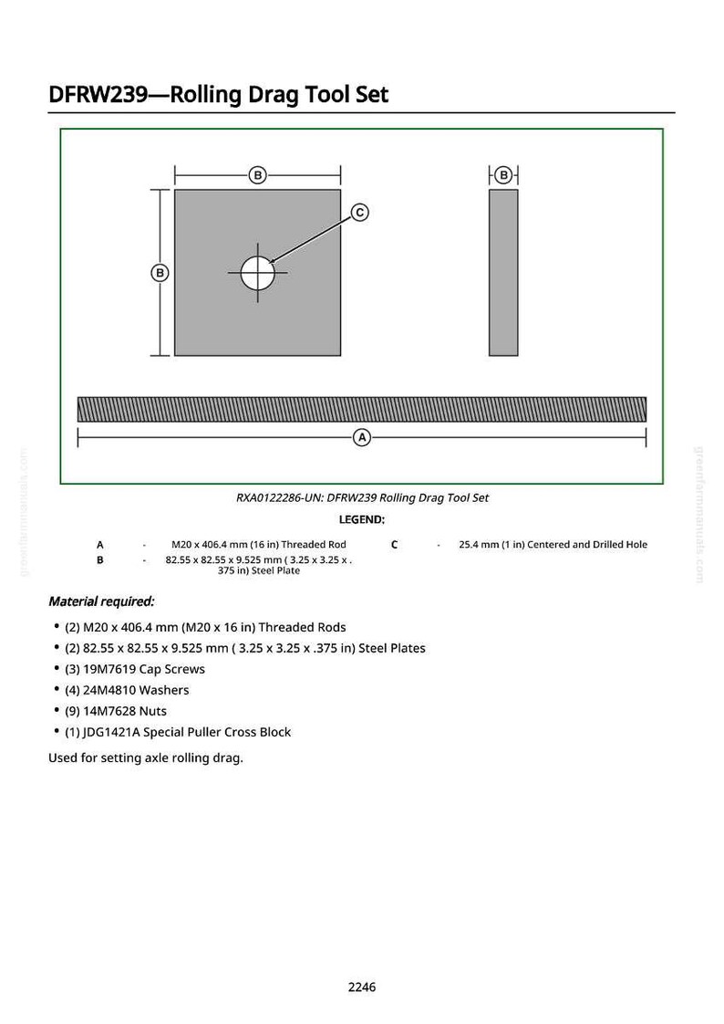 May include: Diagram of the DFRW239 Rolling Drag Tool Set, including a threaded rod (16 in), steel plates (3.25 x 3.25 x .375 in), and a centered and drilled hole (1 in). The image also lists the material required for the tool set.