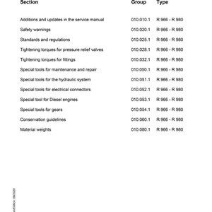 May include: A service manual index page titled "SUBGROUP - INDEX". It details sections such as "Safety warnings" and "Special tools for gears", alongside group and type codes. The Liebherr logo is displayed at the bottom of the page.