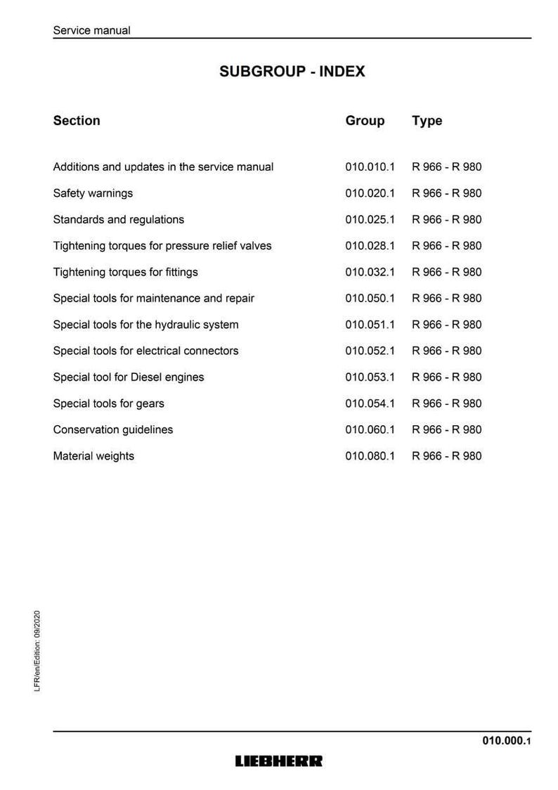 May include: A service manual index page titled "SUBGROUP - INDEX". It details sections such as "Safety warnings" and "Special tools for gears", alongside group and type codes. The Liebherr logo is displayed at the bottom of the page.