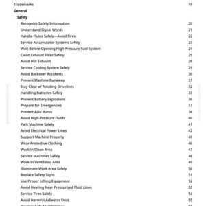 May include: A white page titled "Table of Contents" with a list of safety topics. The list includes topics like "Handle Fluids Safely," "Avoid Hot Exhaust," and "Prevent Acid Burns." Page numbers are listed on the right.