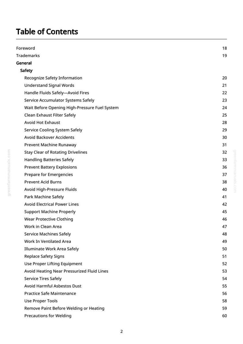 May include: A white page titled "Table of Contents" with a list of safety topics. The list includes topics like "Handle Fluids Safely," "Avoid Hot Exhaust," and "Prevent Acid Burns." Page numbers are listed on the right.