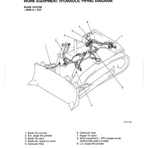 May include: A detailed diagram illustrating the hydraulic piping of work equipment, specifically a blade system with a semi U and tilt configuration. The image includes labels for various components such as the blade tilt cylinder and hydraulic tank, with the text "WORK EQUIPMENT HYDRAULIC PIPING DIAGRAM".