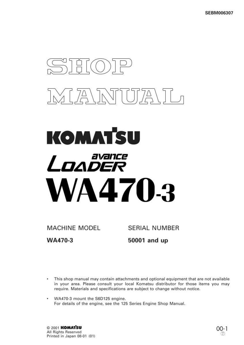 Puede incluir: Un manual de taller blanco con el texto "SHOP MANUAL" en la parte superior. Debajo est&aacute; el logotipo de Komatsu y "avance LOADER WA470-3". El modelo de m&aacute;quina es WA470-3 y el n&uacute;mero de serie es 50001 y superior.