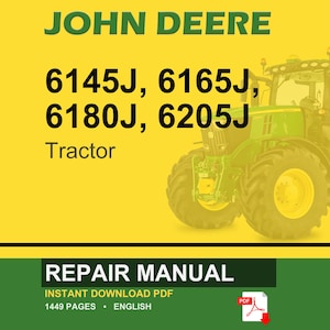 Op de afbeelding: Een John Deere tractor reparatiehandleiding omslag met de tekst "JOHN DEERE" in groen. De modelnummers 6145J, 6165J, 6180J en 6205J staan vermeld. De afbeelding bevat een groene tractor op een gele achtergrond.