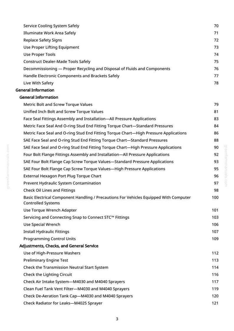 May include: A white page from a manual with a list of automotive service and maintenance topics, including safety procedures, torque values, and system checks. The page number is 3.