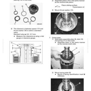 May include: Diagram of transmission clutch pack assembly with labeled parts. Includes forward clutch side components, reverse gear, and thrust washers. Text details assembly steps and standard values for clearance.