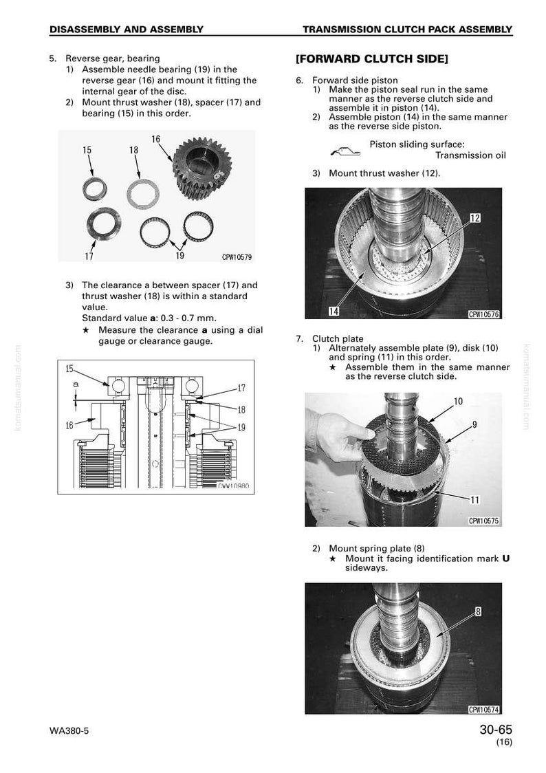 May include: Diagram of transmission clutch pack assembly with labeled parts. Includes forward clutch side components, reverse gear, and thrust washers. Text details assembly steps and standard values for clearance.