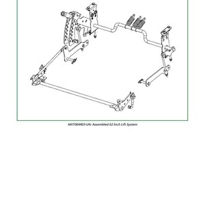 May include: Line drawing of a lift assembly, labeled "Lift Assembly, 62C." The assembly includes various metal components, including brackets, rods, and springs. The text "MXT004903-UN: Assembled 62 Inch Lift System" is also present.