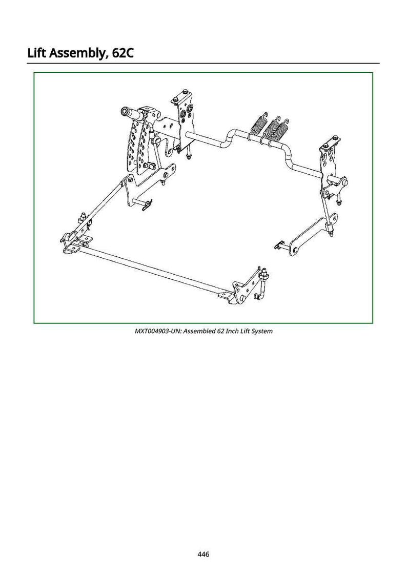 May include: Line drawing of a lift assembly, labeled "Lift Assembly, 62C." The assembly includes various metal components, including brackets, rods, and springs. The text "MXT004903-UN: Assembled 62 Inch Lift System" is also present.