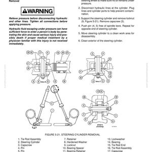 K&ouml;nnte beinhalten: Diagramm zum Ausbau des Lenkzylinders mit beschrifteten Teilen. Enth&auml;lt eine Warnung vor hydraulischem Druck. Der Text enth&auml;lt Anweisungen zum Trennen von Leitungen und Entfernen von Komponenten. Abbildung 5-21 zeigt den Vorgang im Detail.