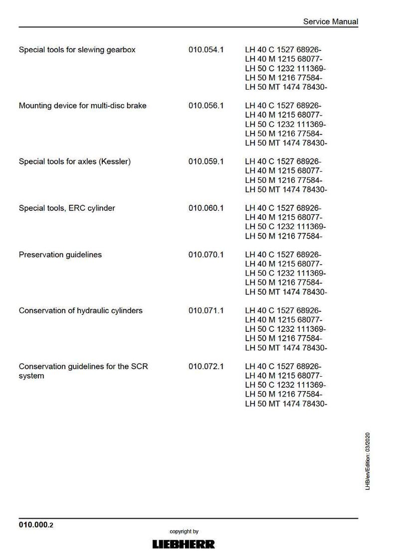May include: A service manual page with a white background, featuring a list of technical tools and guidelines. The text includes titles like "Special tools for slewing gearbox" and "Conservation of hydraulic cylinders," along with associated codes and specifications.