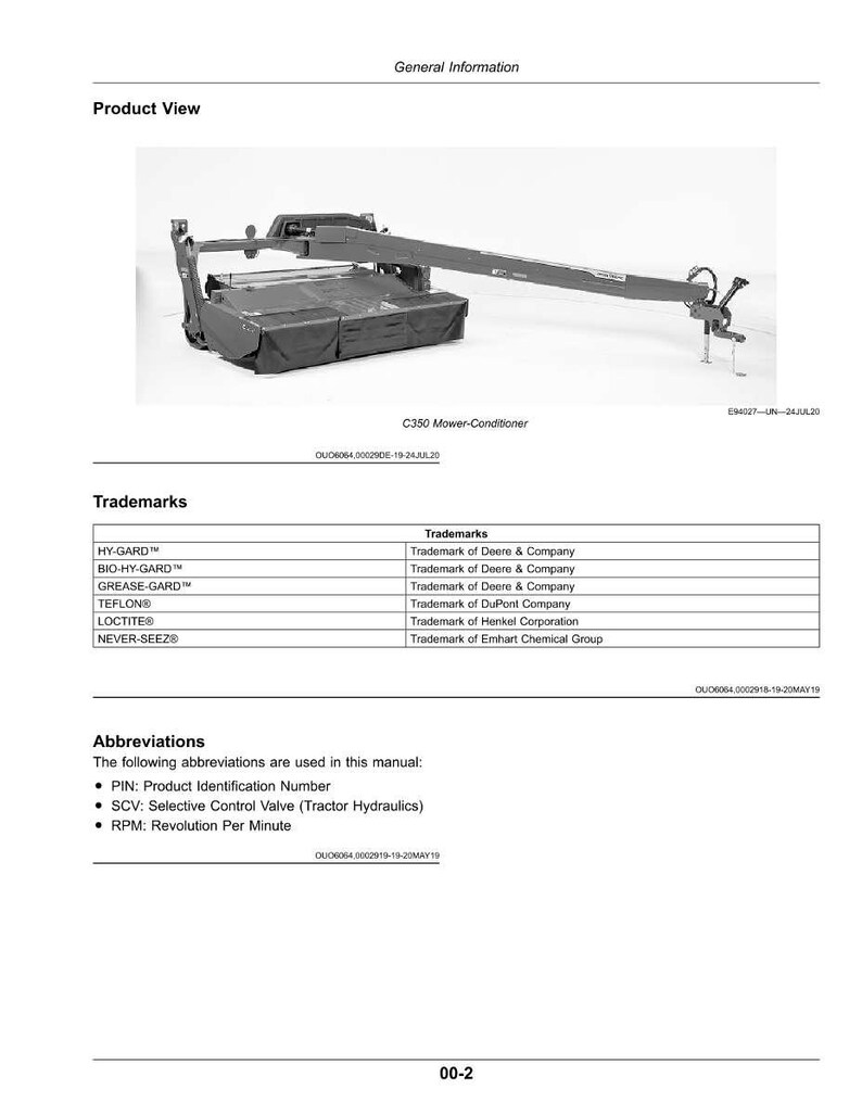 May include: A product view of a C350 Mower-Conditioner, a piece of agricultural equipment. The image is a black and white technical drawing with text including trademarks and abbreviations. The equipment has a long arm extending from a rectangular base.