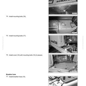 May include: Diagram from a manual showing the disassembly and assembly of a hydraulic tank. The image includes close-ups of various components, including covers, mounting bolts, and a breather hose. The text includes instructions and part numbers.