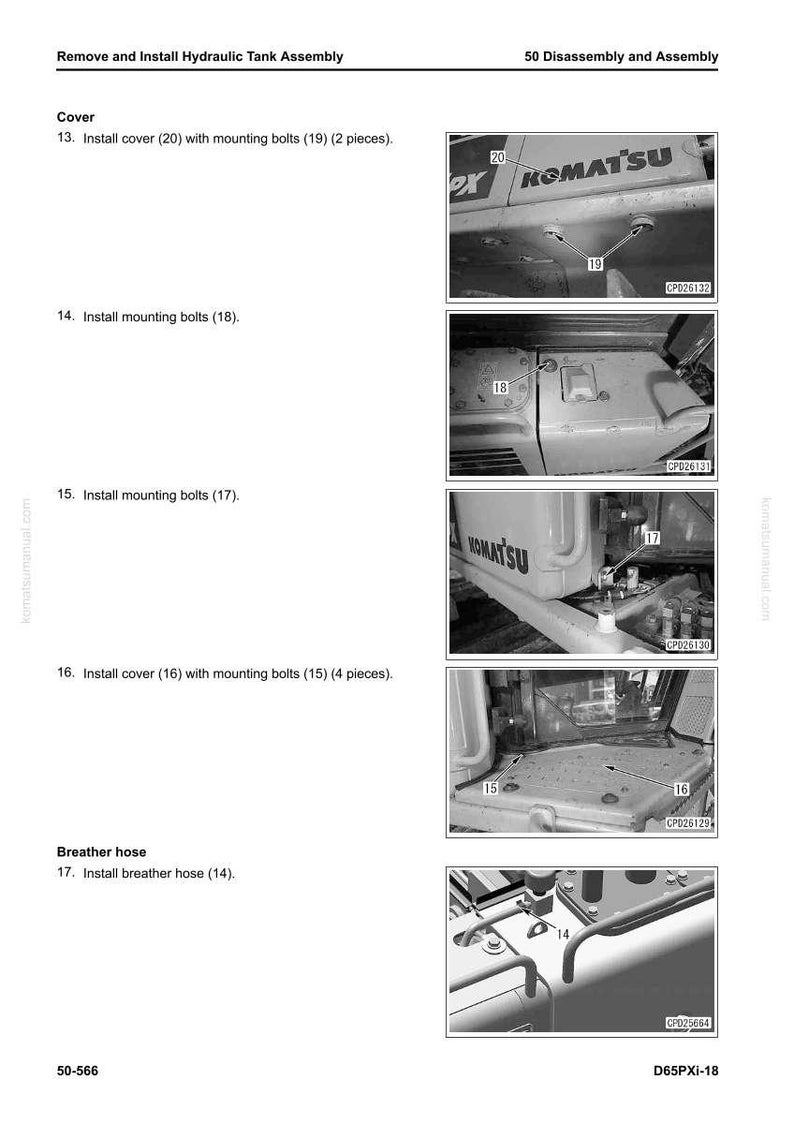 May include: Diagram from a manual showing the disassembly and assembly of a hydraulic tank. The image includes close-ups of various components, including covers, mounting bolts, and a breather hose. The text includes instructions and part numbers.
