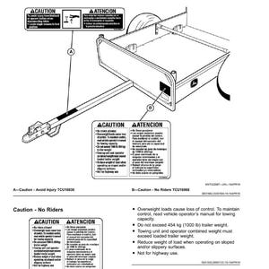Puede incluir: Diagrama de un remolque con advertencias de seguridad. Las etiquetas en ingl&eacute;s y espa&ntilde;ol advierten contra lesiones, pasajeros y l&iacute;mites de peso. El remolque tiene un enganche y una plataforma rectangular.