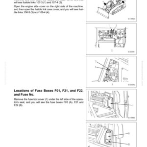 May include: Diagram showing the fuse location table for a machine, with illustrations and text. The document details the locations of fusible links and fuse boxes F01, F21, and F22. Includes diagrams of the machine's components and their positions.
