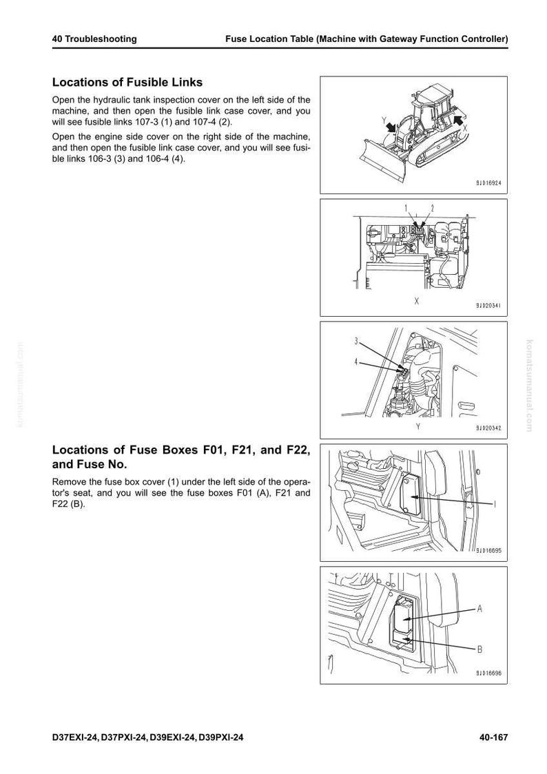May include: Diagram showing the fuse location table for a machine, with illustrations and text. The document details the locations of fusible links and fuse boxes F01, F21, and F22. Includes diagrams of the machine's components and their positions.
