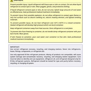 May include: A safety information sheet with the title "Refrigerant Cautions and Proper Handling". The sheet contains warnings about liquid refrigerant, including eye and skin contact, and important instructions for safe handling.