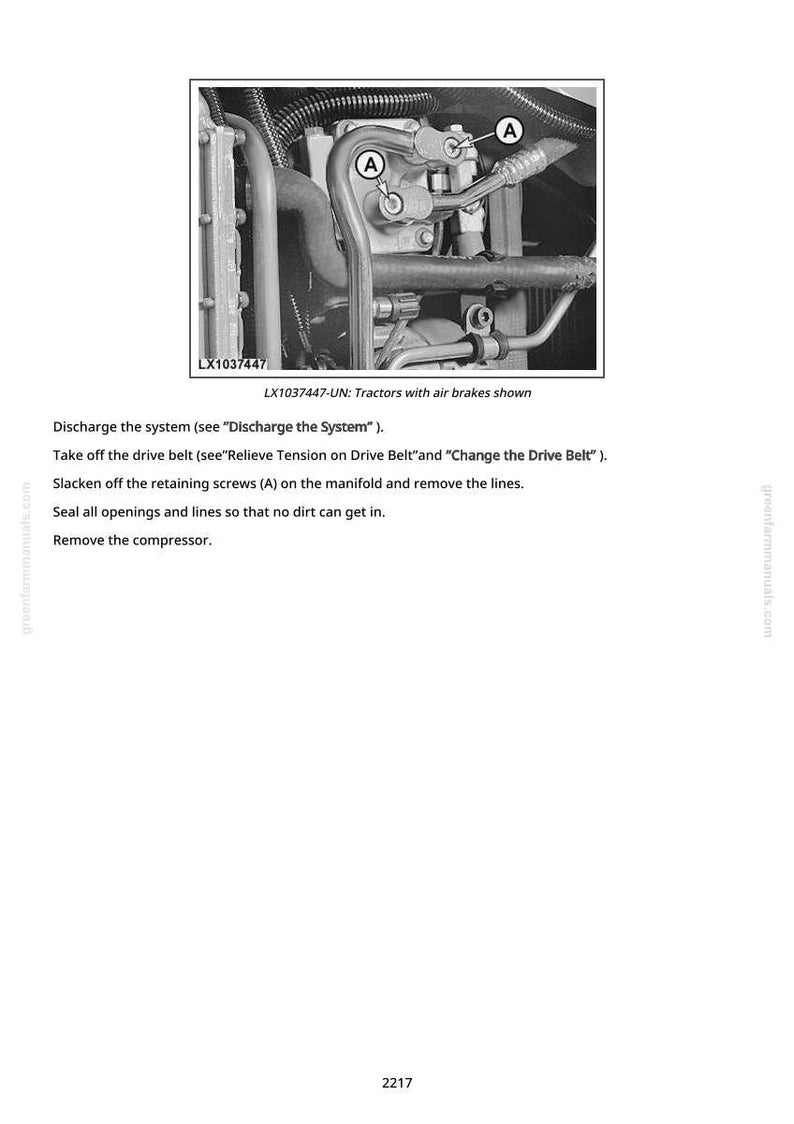 May include: A black and white diagram of tractor components, including tubes, valves, and fittings. The image includes the text "LX1037447-UN: Tractors with air brakes shown" and instructions for maintenance.