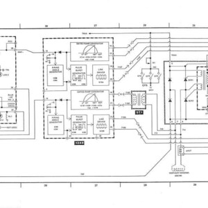 May include: A detailed black and white schematic diagram of an electronic circuit. The diagram includes various components, such as resistors, capacitors, and integrated circuits, interconnected by lines representing electrical pathways. Text labels identify different parts of the circuit.