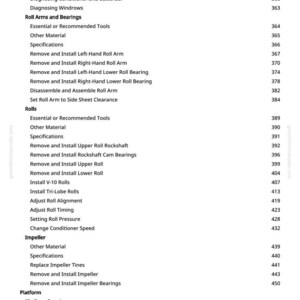 May include: A page from a manual with a table of contents. The text includes sections on diagnosing malfunctions, roll arms, bearings, rolls, and impellers. Page numbers are listed on the right.