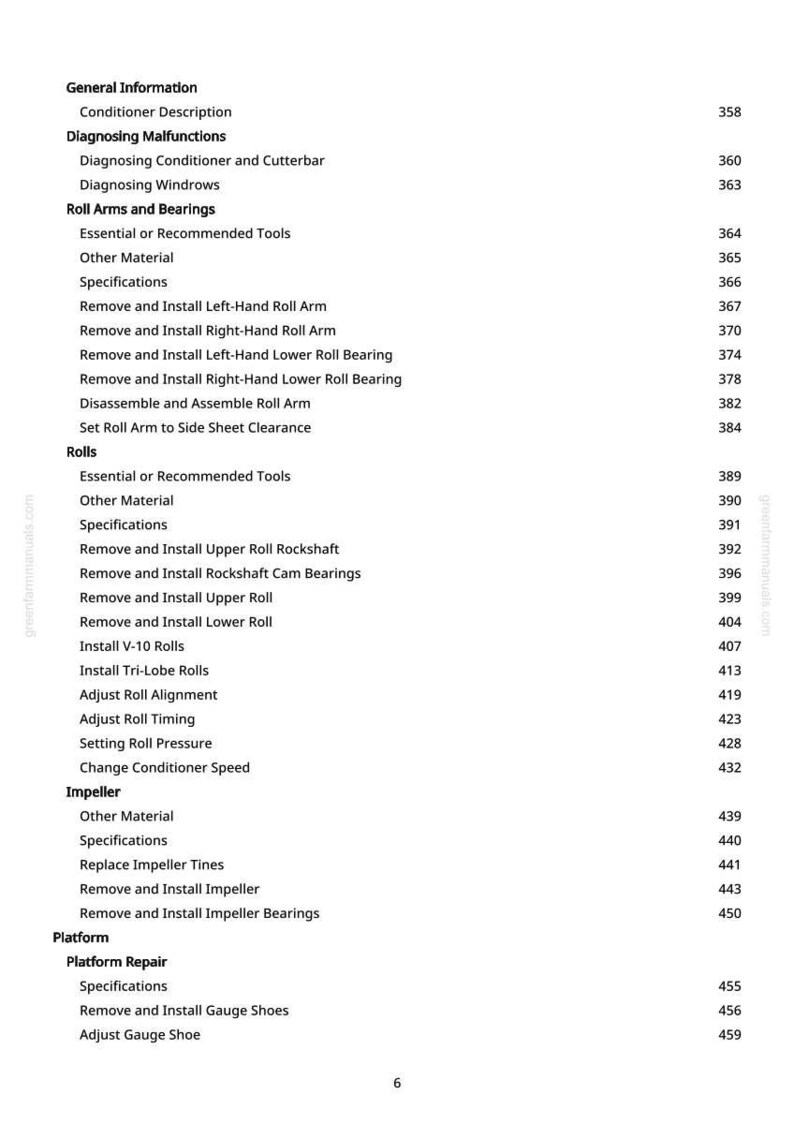 May include: A page from a manual with a table of contents. The text includes sections on diagnosing malfunctions, roll arms, bearings, rolls, and impellers. Page numbers are listed on the right.