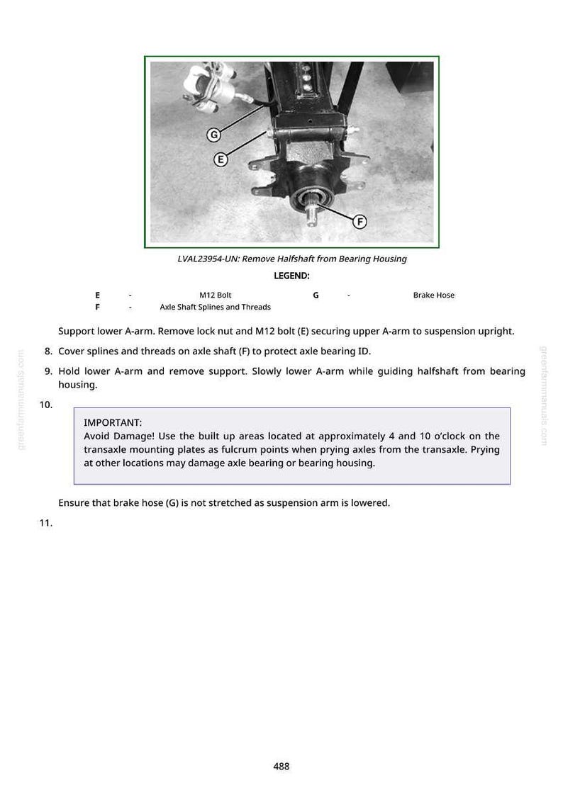 May include: Diagram of a vehicle's suspension system, including an axle shaft, brake hose, and M12 bolt. The image is a technical illustration with labels and instructions for removing the halfshaft from the bearing housing. Text includes safety warnings.