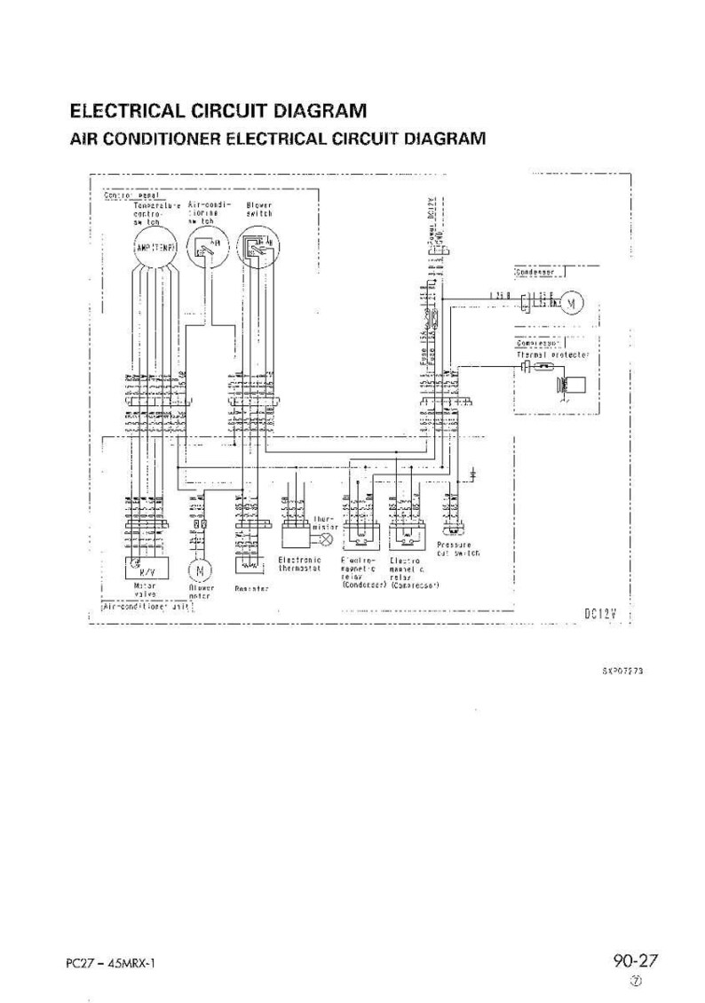 May include: A detailed electrical circuit diagram for an air conditioner, featuring labeled components like the compressor, electronic thermostat, and various relays. The diagram includes text and symbols, with a DC12V power supply indication.
