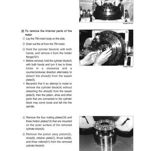 May include: Images from a manual detailing the disassembly of a motor. The images show hands working on the motor's internal components, including the cylinder block, piston, and various plates and rings. Text instructions accompany the images.