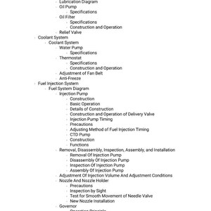 Op de afbeelding: Een witte pagina met een gedetailleerde lijst van motoronderhoudsprocedures. De tekst omvat onderwerpen als smering, koelsystemen, brandstofinjectie en regelaarwerking. Het document bevat specificaties en instructies.