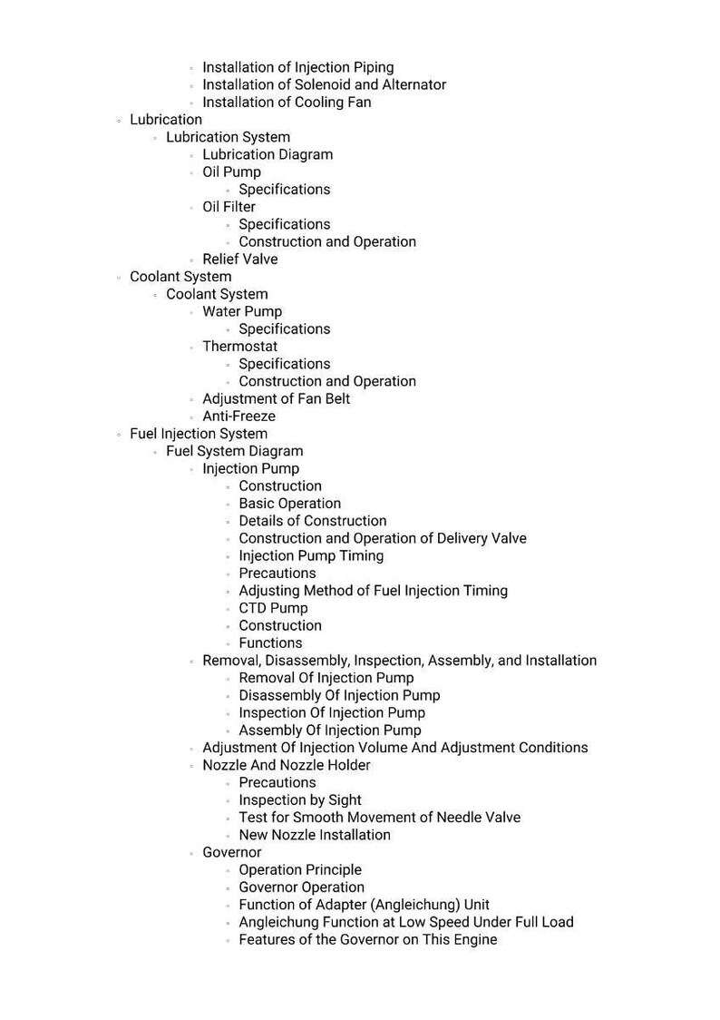 Op de afbeelding: Een witte pagina met een gedetailleerde lijst van motoronderhoudsprocedures. De tekst omvat onderwerpen als smering, koelsystemen, brandstofinjectie en regelaarwerking. Het document bevat specificaties en instructies.