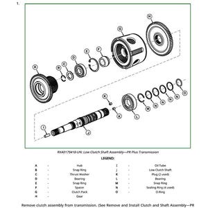 May include: Diagram of a disassembled low clutch shaft assembly for a PR Plus transmission. The image shows various components like gears, bearings, and seals, with labels A through O. The text reads "Disassemble, Inspect, and Assemble Low Clutch Shaft Assembly-PR Plus Transmission."