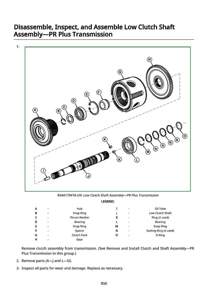 May include: Diagram of a disassembled low clutch shaft assembly for a PR Plus transmission. The image shows various components like gears, bearings, and seals, with labels A through O. The text reads "Disassemble, Inspect, and Assemble Low Clutch Shaft Assembly-PR Plus Transmission."