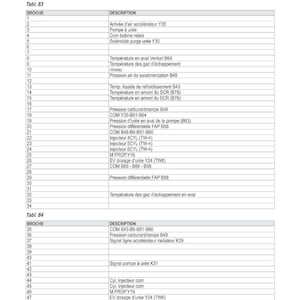 May include: A detailed schematic diagram of an electronic engine control unit, featuring a table with technical descriptions and component names. The diagram includes text in French, with labels and specifications for various engine parts.