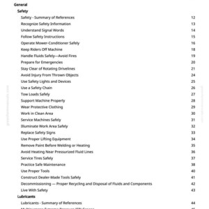 May include: A page from a manual titled "Table of Contents." The document lists safety topics such as "Recognise Safety Information," "Follow Safety Instructions," and "Use Safety Lights and Devices." The page also includes sections on lubricants.