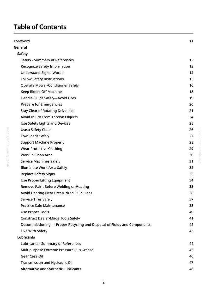 May include: A page from a manual titled "Table of Contents." The document lists safety topics such as "Recognise Safety Information," "Follow Safety Instructions," and "Use Safety Lights and Devices." The page also includes sections on lubricants.