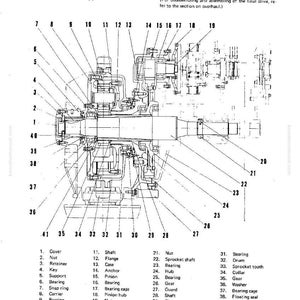 May include: Detailed technical diagram of a final drive assembly, labeled with numbered components. The diagram includes parts such as gears, bearings, and shafts, with the word "CONSTRUCTION" at the top. The image is in black and white.