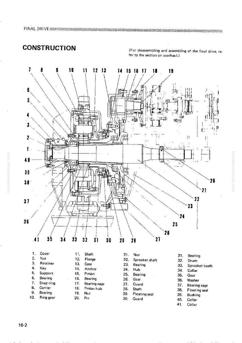 May include: Detailed technical diagram of a final drive assembly, labeled with numbered components. The diagram includes parts such as gears, bearings, and shafts, with the word "CONSTRUCTION" at the top. The image is in black and white.