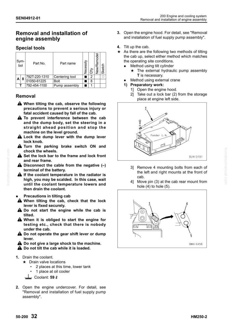 May include: Technical diagram with instructions for removing and installing an engine assembly. Includes diagrams, part numbers, and safety precautions. Features text and illustrations for mechanical procedures.