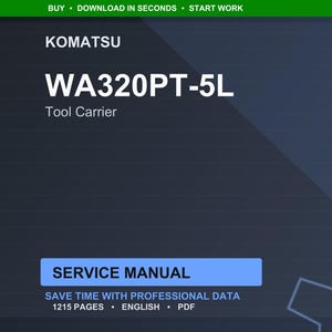 May include: A digital service manual for a Komatsu WA320PT-5L Tool Carrier. The cover is dark blue with white text, including the Komatsu logo and the model number. The manual is labeled "Service Manual" and contains 1215 pages.