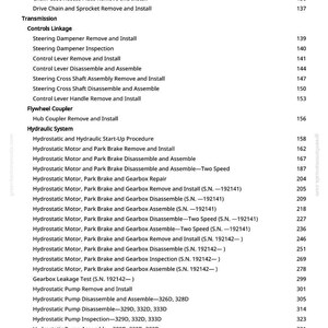 May include: A detailed table of contents from a manual, listing procedures for various mechanical components. Includes sections on axles, controls, hydraulic systems, and engine maintenance, with page numbers.