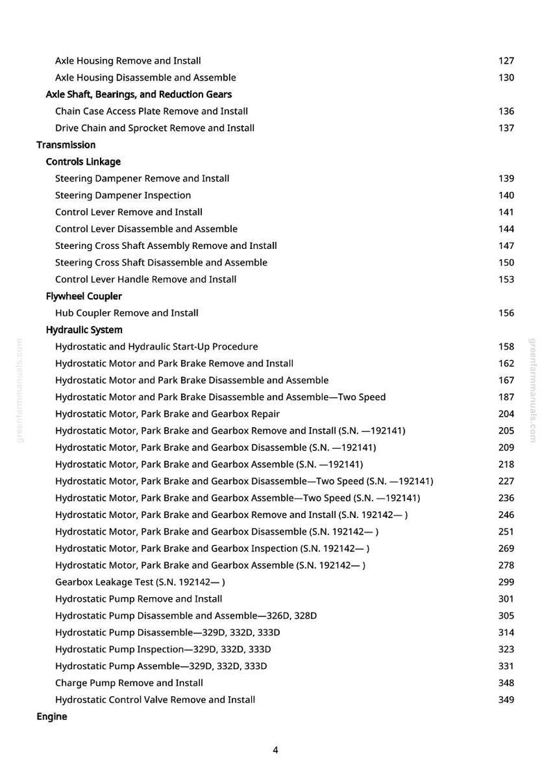 May include: A detailed table of contents from a manual, listing procedures for various mechanical components. Includes sections on axles, controls, hydraulic systems, and engine maintenance, with page numbers.