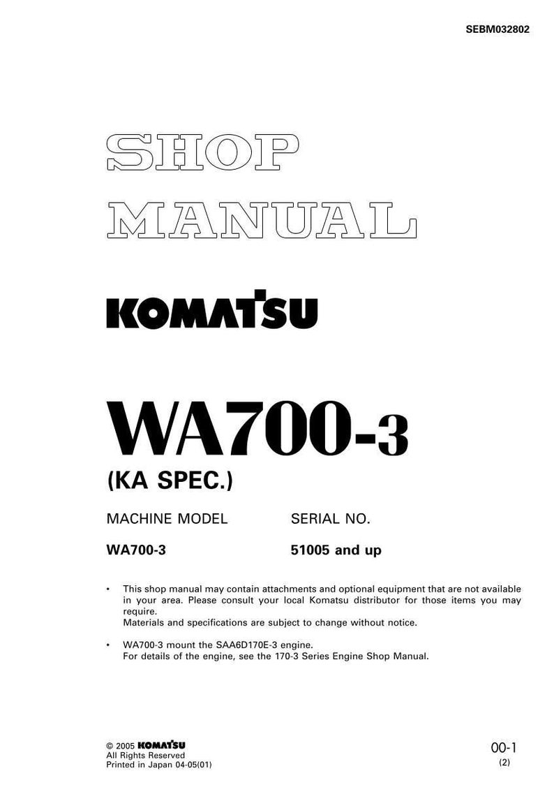 Op de afbeelding: Een witte werkplaatshandleiding met de tekst "SHOP MANUAL" in een vetgedrukte, omlijnde lettertype. Het Komatsu-logo is zichtbaar, samen met "WA700-3" en andere technische details. De handleiding is voor het WA700-3 machinemodel.